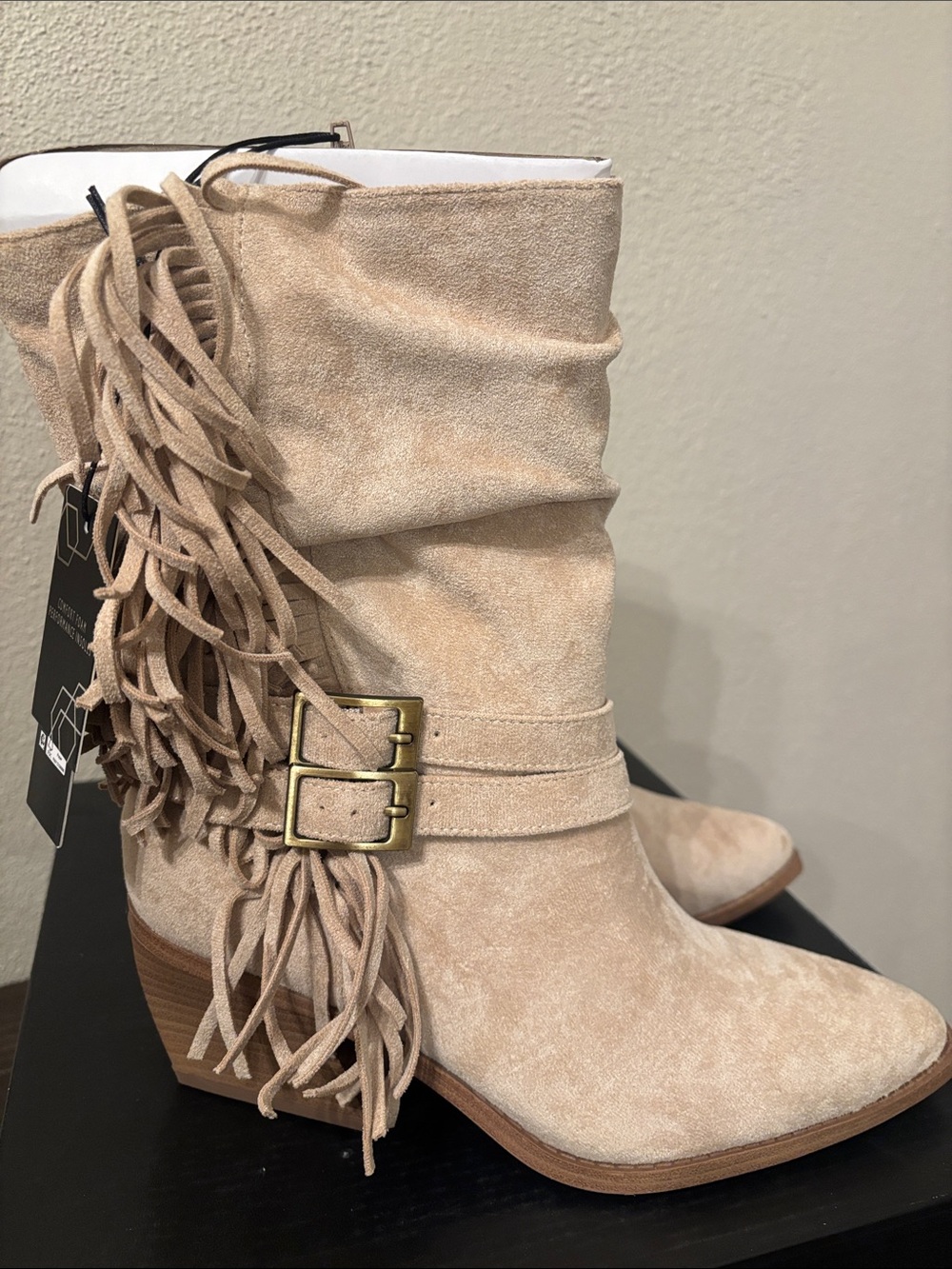 Madden NYC Fringe Suede Ankle Bootie in Beige with Buckle Detail 8